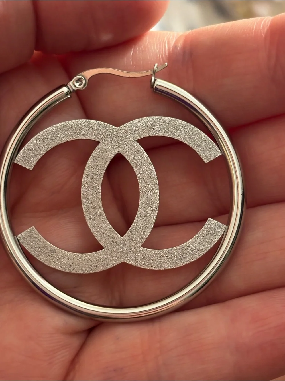 Fashion Jewelry Silver Glitter Interlocking Logo Hoop Earrings - Women Jewelry